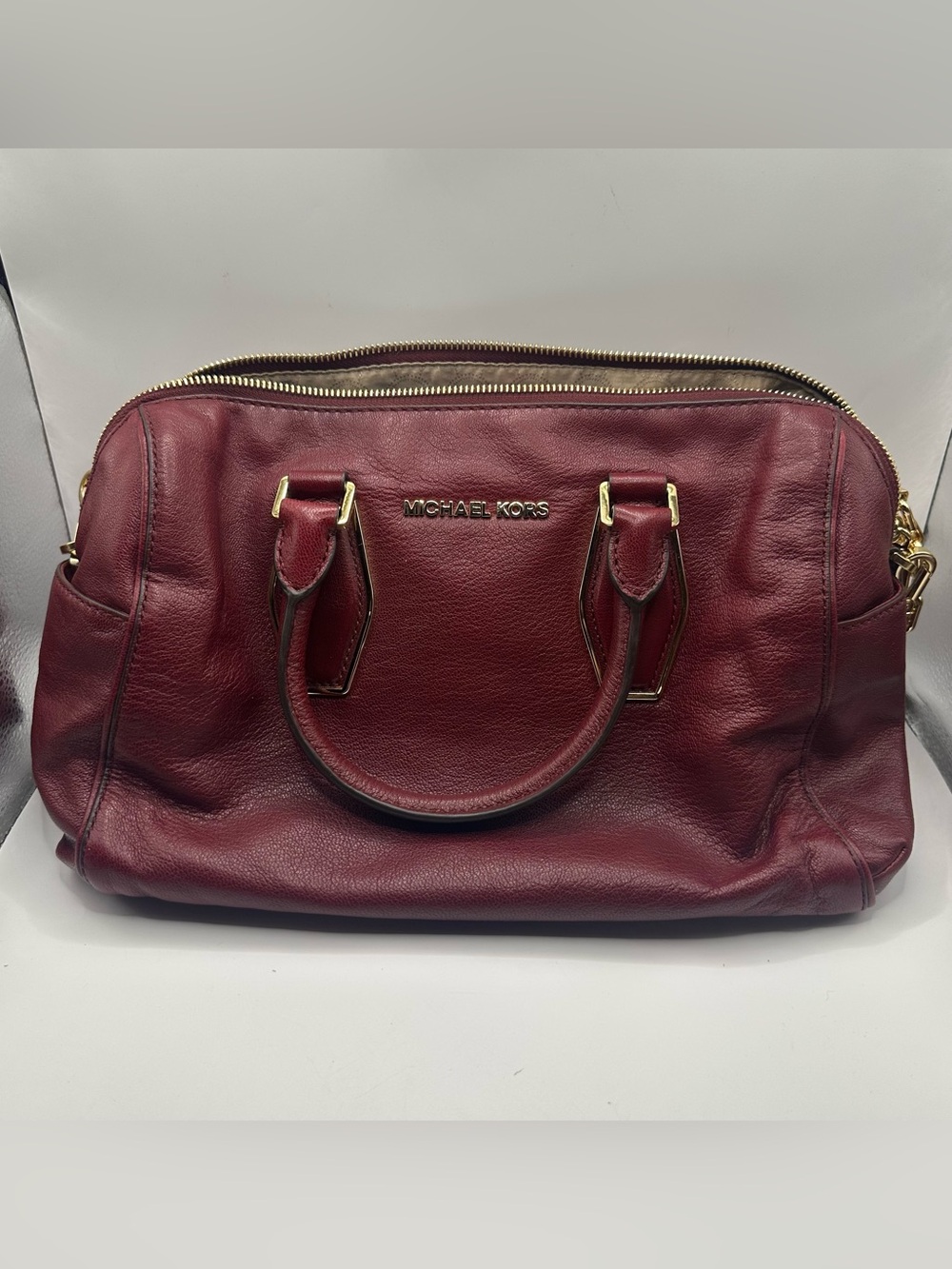 Michael Kors Wine Red Leather Satchel with Gold Hardware